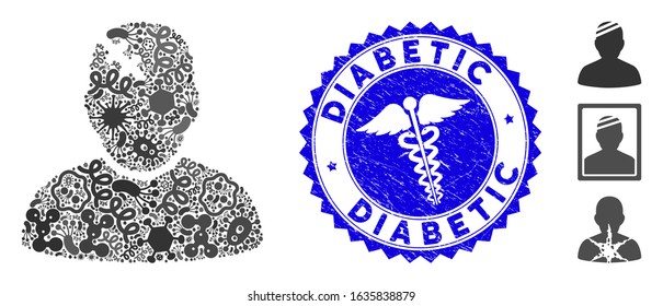 Microbe mosaic patient icon and round rubber stamp seal with Diabetic caption and clinic icon. Mosaic vector is created from patient pictogram and with scattered microbe cell symbols.