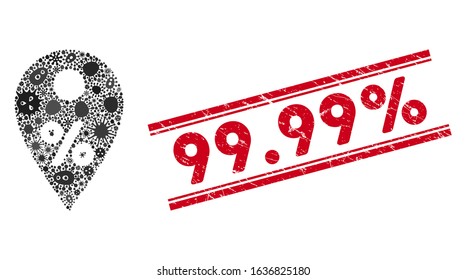Microbe mosaic percent map marker icon and red 99.99% seal stamp between double parallel lines. Mosaic vector is formed with percent map marker pictogram and with randomized pathogen objects. 99.
