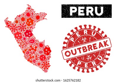 Microbe mosaic Peru map and red grunge stamp watermark with OUTBREAK badge. Peru map collage designed with random microbe elements. Red round OUTBREAK watermark with grunge texture.