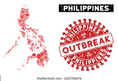Microbe mosaic Philippines map and red corroded stamp watermark with OUTBREAK words. Philippines map collage constructed with scattered microbe elements.