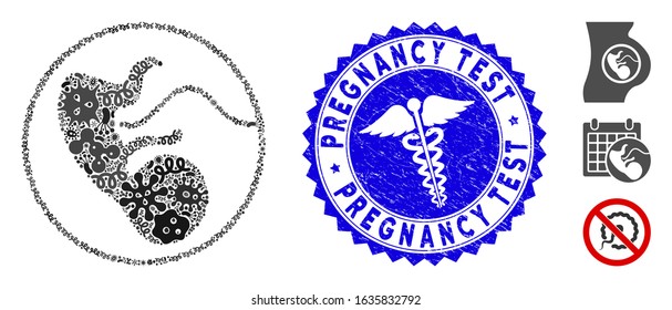 Microbe mosaic prenatal icon and round rubber stamp seal with Pregnancy Test caption and health care sign. Mosaic vector is designed with prenatal icon and with randomized pandemic symbols.