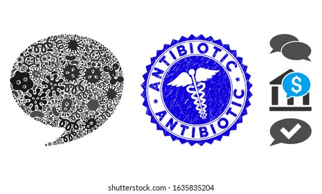 Microbe mosaic quote icon and rounded rubber stamp seal with Antibiotic text and serpents icon. Mosaic vector is created with quote pictogram and with randomized viral icons.