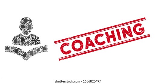 Microbe mosaic reader boy icon and red Coaching seal stamp between double parallel lines. Mosaic vector is created with reader boy icon and with random viral icons. Coaching stamp seal uses red color,