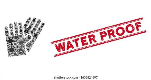 Microbe mosaic rubber gloves icon and red Water Proof seal stamp between double parallel lines. Mosaic vector is created from rubber gloves icon and with randomized microbe cell elements.