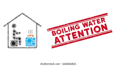 Microbe mosaic sauna client icon and red Boiling Water Attention seal stamp between double parallel lines. Mosaic vector is formed with sauna client icon and with scattered flu symbols.