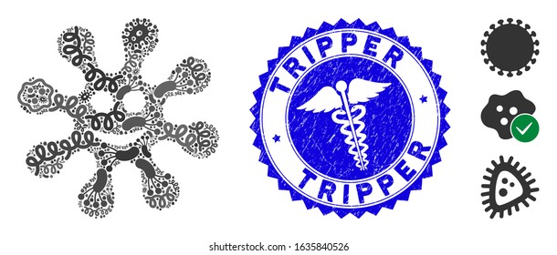 Microbe mosaic smile virus icon and round distressed stamp seal with Tripper caption and medicine sign. Mosaic vector is formed with smile virus pictogram and with randomized microbe symbols.