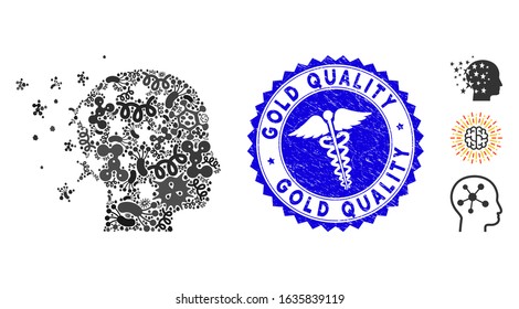 Microbe mosaic star mind icon and round rubber stamp seal with Gold Quality text and healthcare icon. Mosaic vector is designed with star mind icon and with random pandemic items.