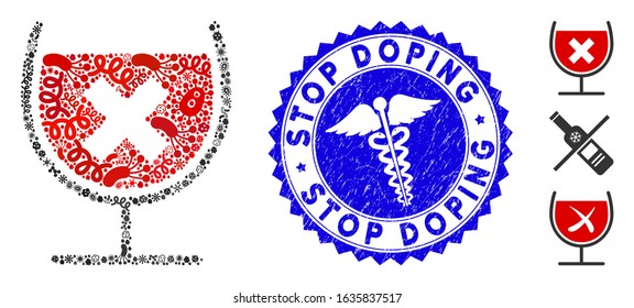 Microbe mosaic stop drink wine icon and round rubber stamp seal with Stop Doping caption and health care icon. Mosaic vector is formed with stop drink wine icon and with random amoeba items.