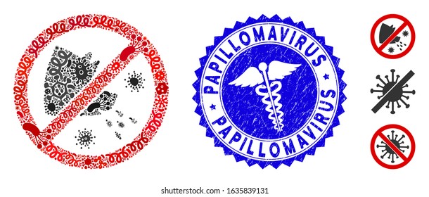 Microbe mosaic stop swine flu icon and round corroded stamp seal with Papillomavirus phrase and serpents sign. Mosaic vector is composed from stop swine flu icon and with scattered contagion objects.