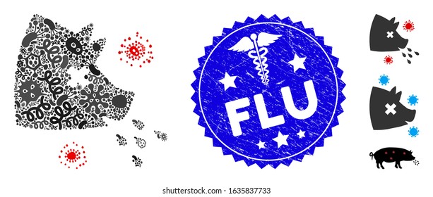 Microbe mosaic swine flu icon and rounded corroded stamp seal with Flu phrase and medicine sign. Mosaic vector is composed with swine flu icon and with random microbe cell items.