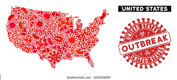 Microbe Mosaic United States Map And Red Grunge Stamp Seal With OUTBREAK Badge. United States Map Collage Created With Random Bacteria Items. Red Round OUTBREAK Stamp With Unclean Texture.