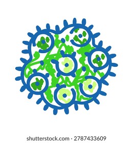 Microbe pathogen in a simple doodle drawing showing a green nucleus structure inside a blue core with spikes, depicting a spreading disease or infection on a white background