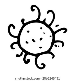 microbe is a round shaped icon. A drawing of bacteria with short tentacles with curls, hand-drawn with a black line in the style of a doodle on a white background for a medical design template