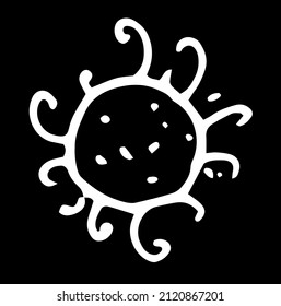 microbio es un icono redondeado. Un dibujo de bacterias con tentáculos cortos con rizos, dibujado a mano con una línea blanca en el estilo de un doodle sobre una para negro una plantilla de diseño médico