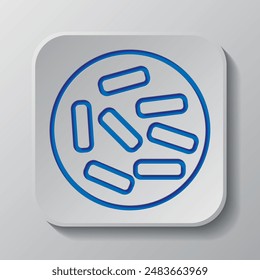 Microbe simple icon. Flat design. Paper cut design. Cutted blue symbol with shadow. Gray badge button, gray background.ai