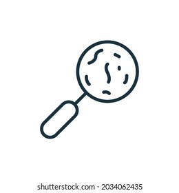 Mikrobe unter dem Symbol der Glass Line. Forschung von Bakterien, Keimen, Virus mit Loupe Linear Pictogram. Mikroorganismus-Laboruntersuchung Leitbild. Bearbeitbarer Stroke. Einzelne Vektorgrafik.