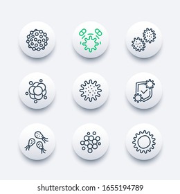 microbe, virus and bacteria vector line icons