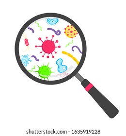 Microbes and bacterias in the circle magnifier flat style design vector illustration isolated on white background.