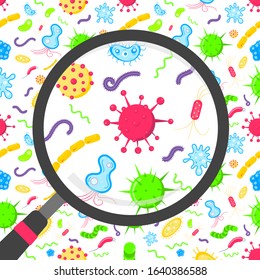 Microbes and bacterias in the circle magnifier flat style design vector illustration isolated on white background.
