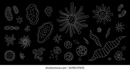 Microbios bacterias virus doodle set, Vector dibujado a mano ilustración colección
