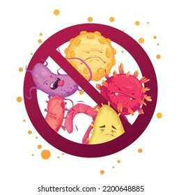 Microbes cartoon poster with cute microorganisms and stop sign vector illustration