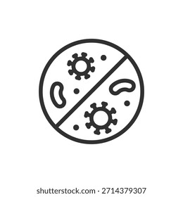 Mikroben durchgestrichen, lineares Symbol. Entfernung von Bakterien und Keimschutz. Linie mit editierbarem Strich.