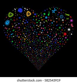 Microbes fireworks with heart shape. Vector illustration style is flat bright multicolored iconic symbols on a black background. Object stream constructed from scattered pictograms.