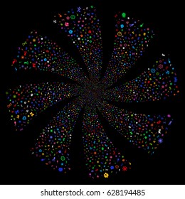 Microbes fireworks swirl rotation. Vector illustration style is flat bright multicolored iconic symbols on a black background. Object spiral constructed from random icons.