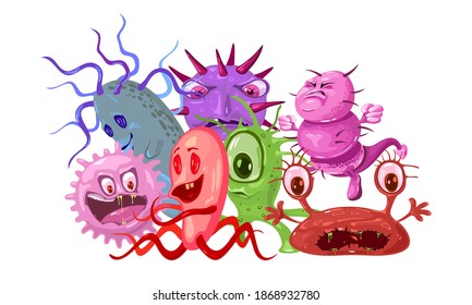 Microbes, germs and viruses with funny faces. Vector pathogen microbes, bacteries, coronavirus flu or influenza, with eyes, teeth and tongues. Smiling bacterium monsters isolated on white background