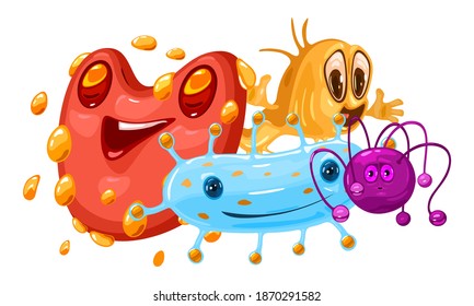 Microbes, germs and viruses with funny faces. Vector pathogen microbes, bacteria, coronavirus flu or influenza, with eyes, teeth and tongues. Smiling bacterium monsters isolated on white background