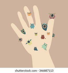 Microbes on hand. Vector illustration