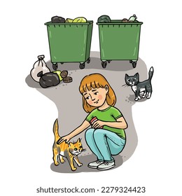 Microbes on homeless animals. A girl pets a homeless kitten near the garbage cans. Danger of infection. Hand-drawn colorful illustration. Vector.