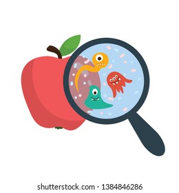 The microbes on the undamaged apple are shown, which are visible through a magnifying glass, a vector, an illustration