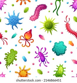 Microbes Pattern. Cartoon Microbe And Infectious Viruses Background, Flat Infection Cells And Bacteria. Garish Germ Or Microorganism Vector Seamless Texture