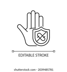 Microbes protection linear icon. Protect hands against pathogens. Using antibacterial soap. Thin line customizable illustration. Contour symbol. Vector isolated outline drawing. Editable stroke