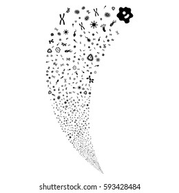 Microbes random fireworks stream. Vector illustration style is flat black iconic symbols on a white background. Object fountain done from scattered icons.