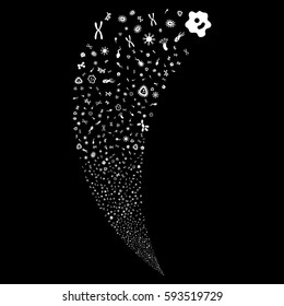 Microbes random fireworks stream. Vector illustration style is flat white iconic symbols on a black background. Object fountain created from scattered pictographs.