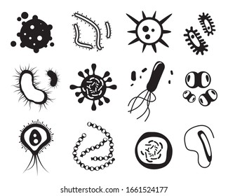 Microbes silhouettes. Bacteria and viruses biology pandemic icons set vector monochrome pictures