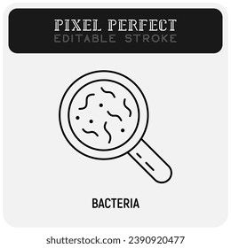 Microbes under magnifying glass thin line icon. Editable stroke. Vector illustration.