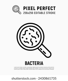 Microbes under magnifying glass thin line icon. Editable stroke. Vector illustration.