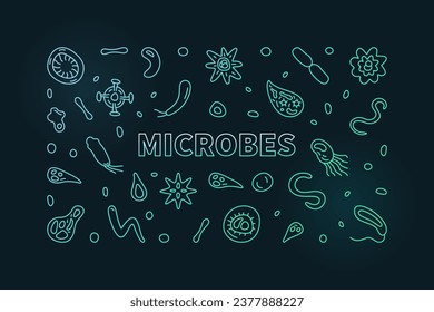 Microbes vector Science concept outline colorful horizontal banner or illustration with bacteria line symbols with dark background
