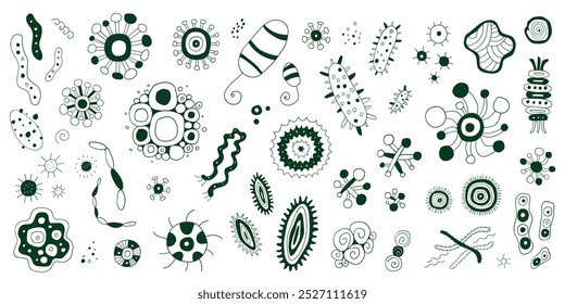 microbes virus bacterial microorganism doodle set , isolated hand drawn vector element collection