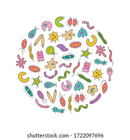 Microbes, virus, bacterias and pathogen icons colorful set. Abstract vector illustration of germs in the linear style on white background