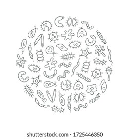 Microbes, virus, bacterias and pathogen outline icons set. Abstract vector illustration of germs in the linear style on white background