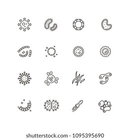 Microbes, virus and pathogen line icons. Bacteriology hygiene and infection outline vector isolated symbols. Bacteria and microbe, cell microscopic bacterium linear illustration