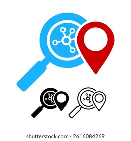 Microbial biomarker vector icon. DNA graphics with a location icon. For medical use. Color, black and outline.