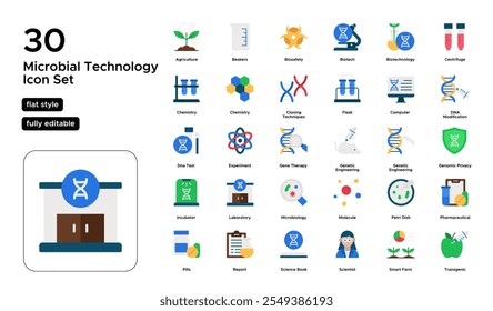 Conjunto de iconos planos de Tecnología microbiana: microorganismos, biotecnología e iconos de herramientas de laboratorio