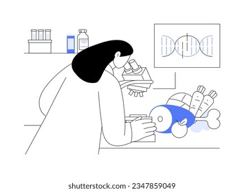 Ilustración vectorial del concepto de prueba de alimentos microbiológicos. Microbiólogo probando ingredientes para seguridad en laboratorio, ciencia de alimentos, haciendo experimentos con productos de OMG metáfora abstracta.