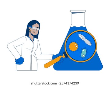 Microbiologist analyzing water sample 2D illustration concept. Female scientist in lab coat inspecting microorganisms cartoon character isolated on white. Metaphor abstract flat vector graphic