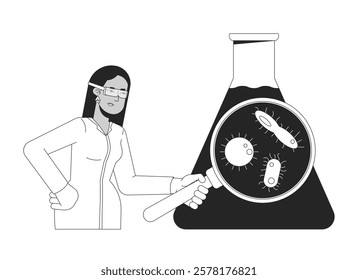 Microbiologist analyzing water sample black and white 2D illustration concept. Female scientist in lab coat inspecting microorganisms outline character isolated. Metaphor monochrome vector art